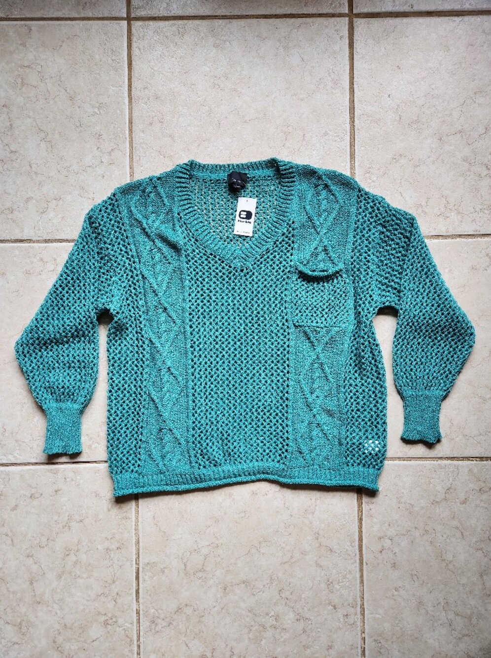 NWT Lumiere Buckle Slouchy Open Knit Crochet V-Neck Sweater Teal L TS22001
